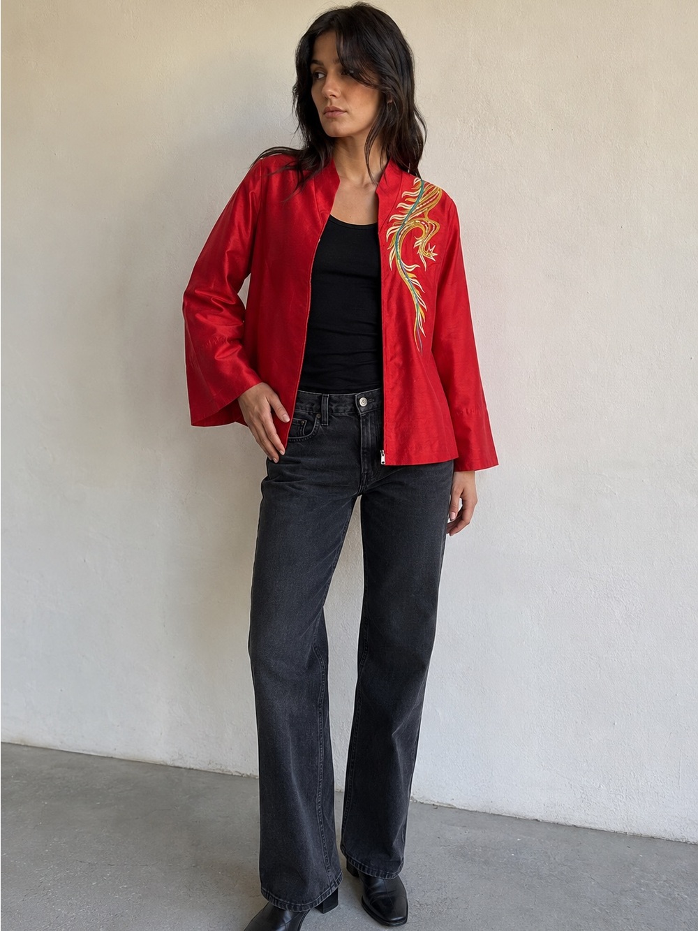 Bob Mackie Wearable Art Red Embroidered Phoenix Zip Jacket Womens Size L